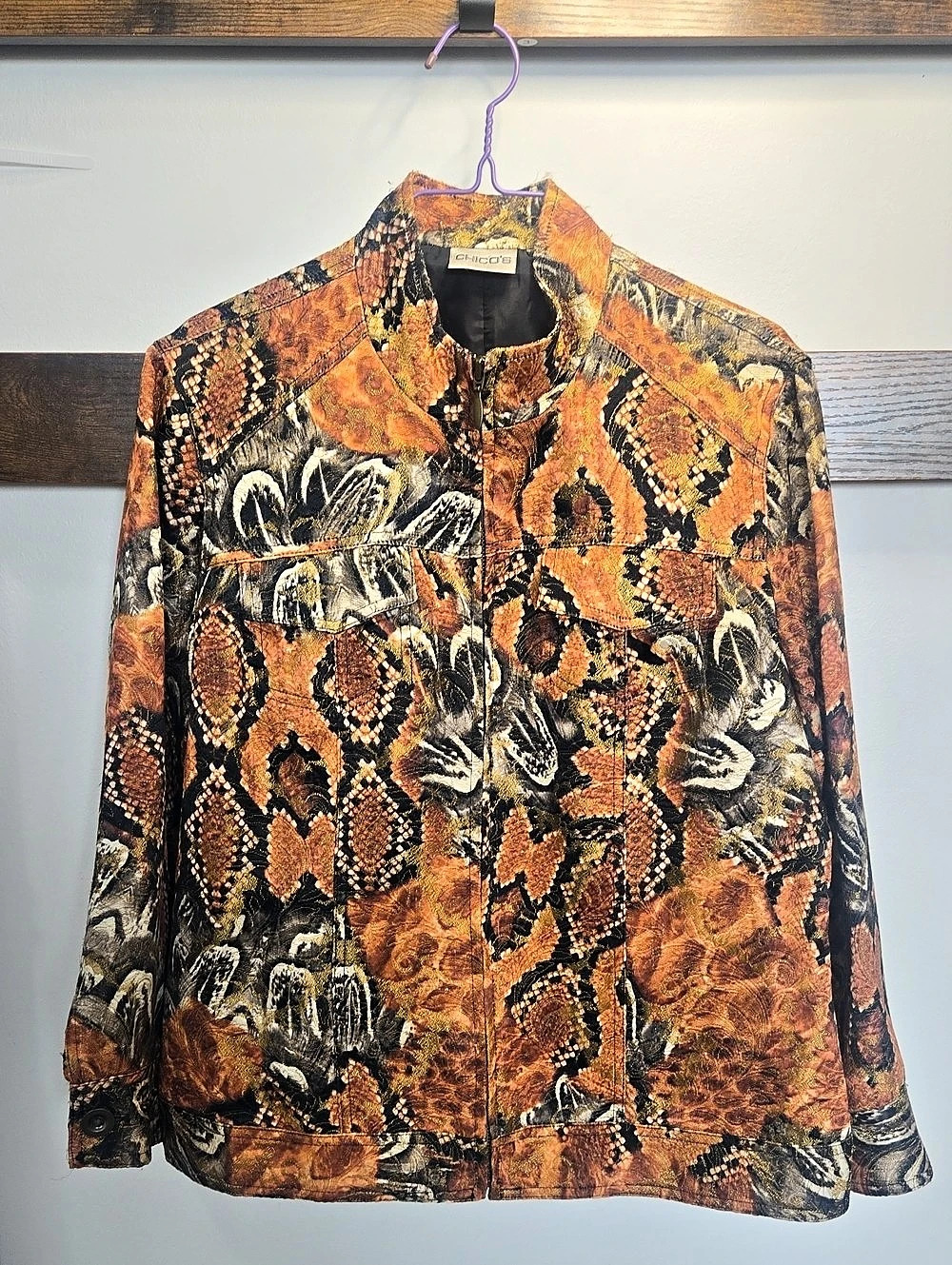 CHICO'S Women's Paisley Jacket in Orange & Black Pattern Moto Style Cut